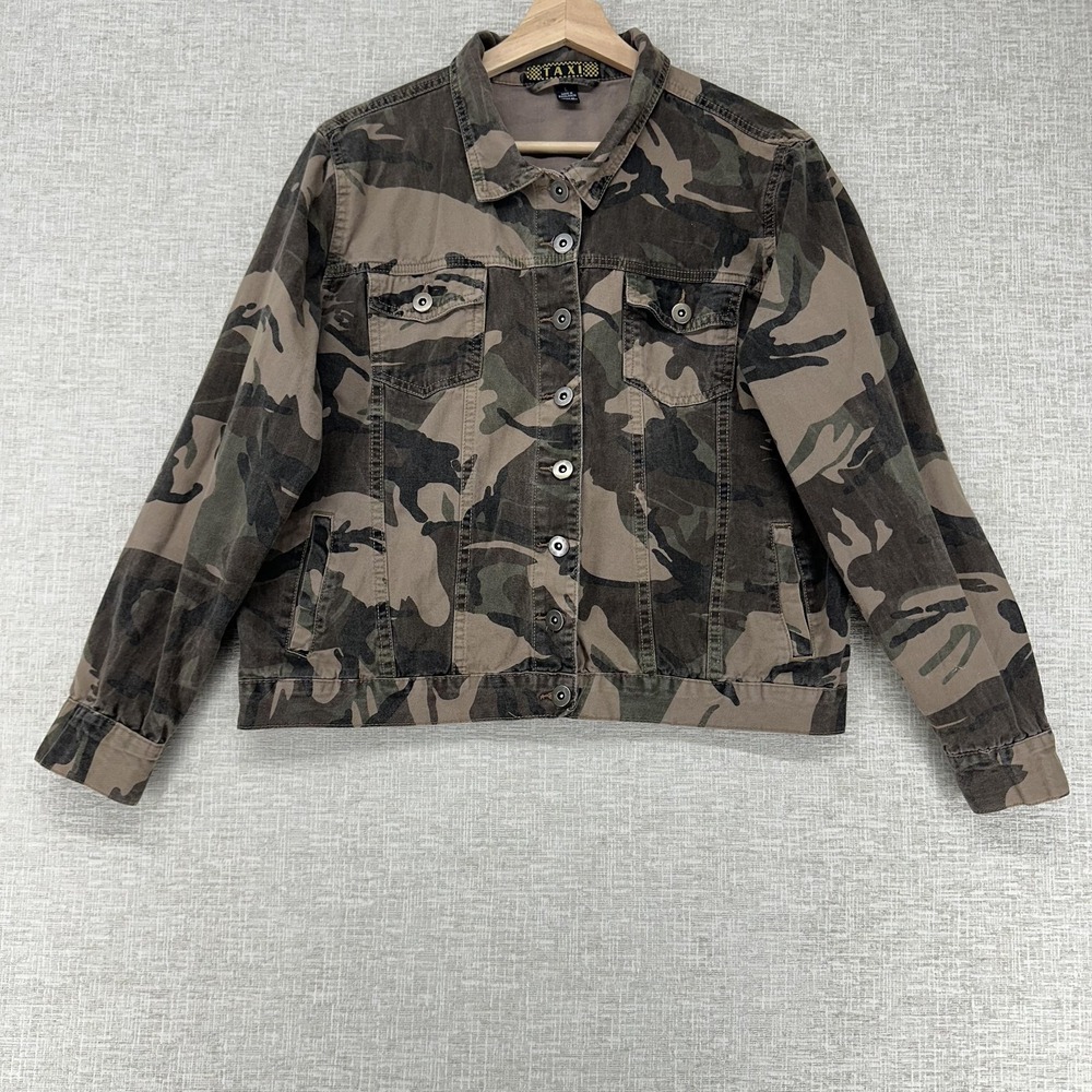 Taxi Denim Jacket Womens Large Green Camo Button Front Utility Casual